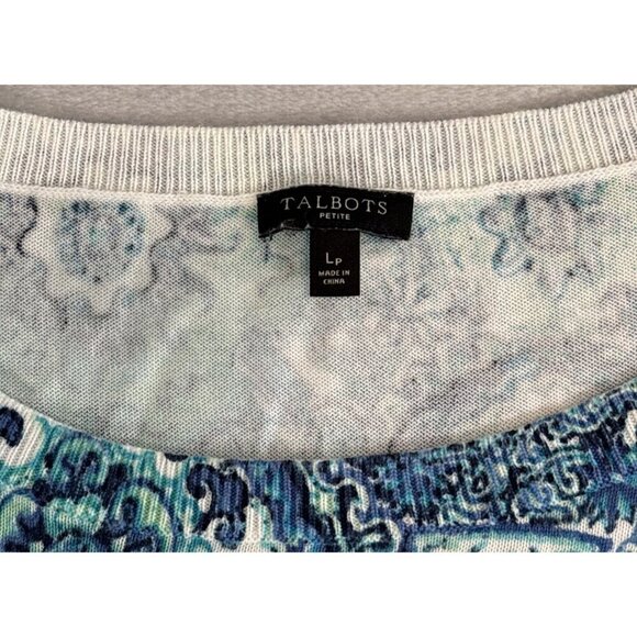 SUMMER BLUES Talbots Blue & Aqua Print Stretch Cotton Pull Over Sweater Size PL - Picture 3 of 7